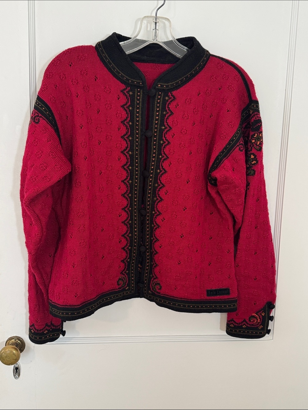 Dale of Norway Red Wool Button-Front Nordic Cardigan with filigree details, M